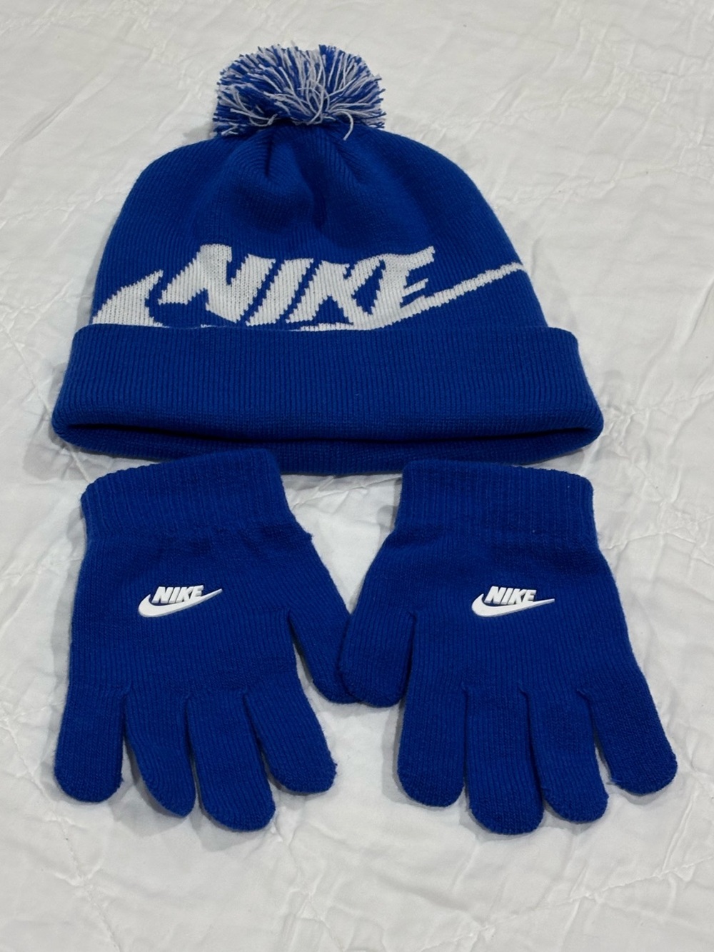 NWOT Nike Royal Blue Kids Pom Beanie and Glove Set with White Logo